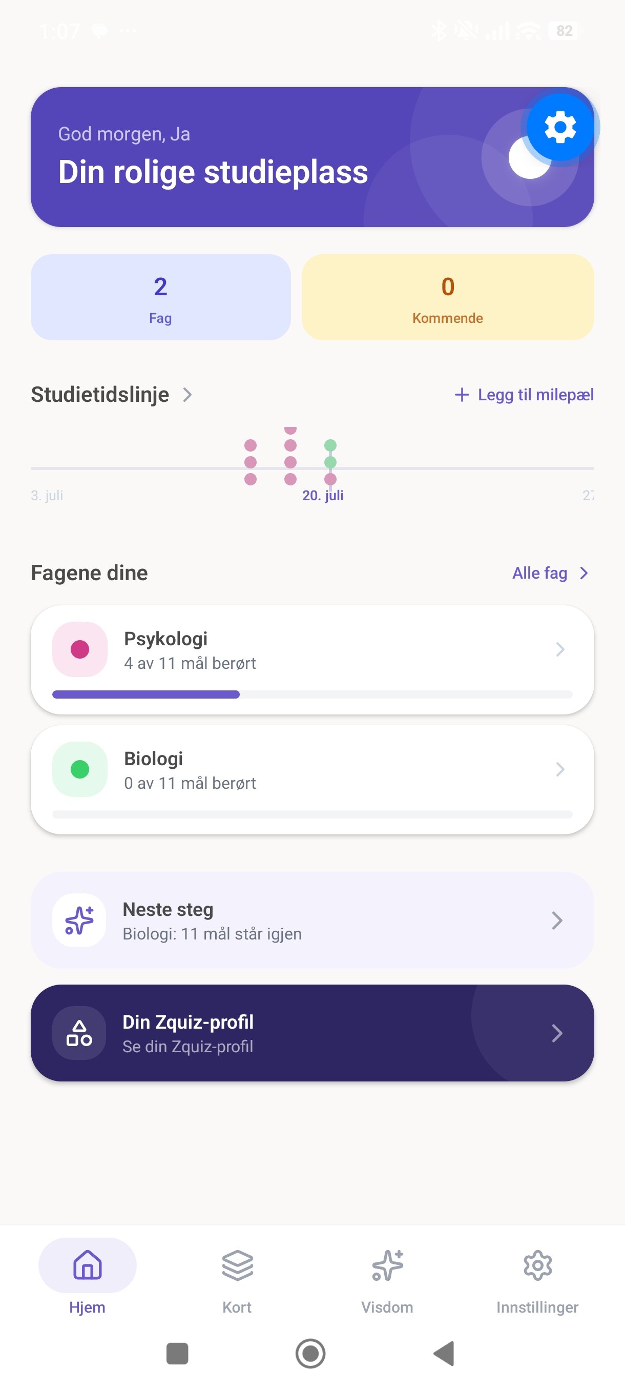 ZQuiz hjem-skjerm med fagene dine og studietidslinje